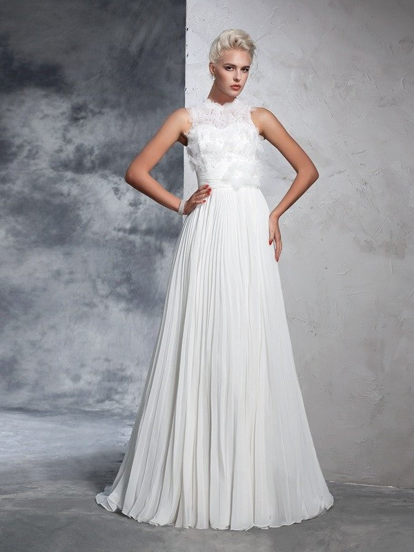 A-Line/Princess Pleats Neck Long Sleeveless High Chiffon Wedding Dresses