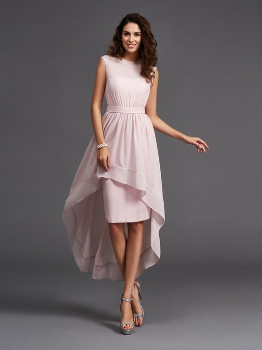 Sash/Ribbon/Belt High Low A-Line/Princess Sleeveless Scoop Chiffon Bridesmaid Dresses