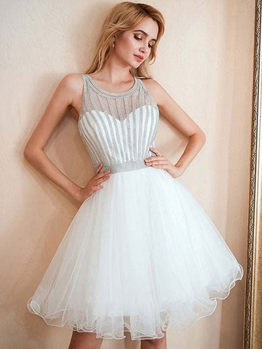 A-Line/Princess Tulle Scoop Sleeveless Beading Short/Mini Homecoming Dresses