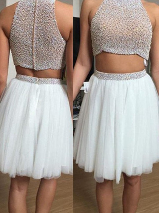 Short/Mini High Tulle Sleeveless Neck A-Line/Princess Beading Two Piece Dresses