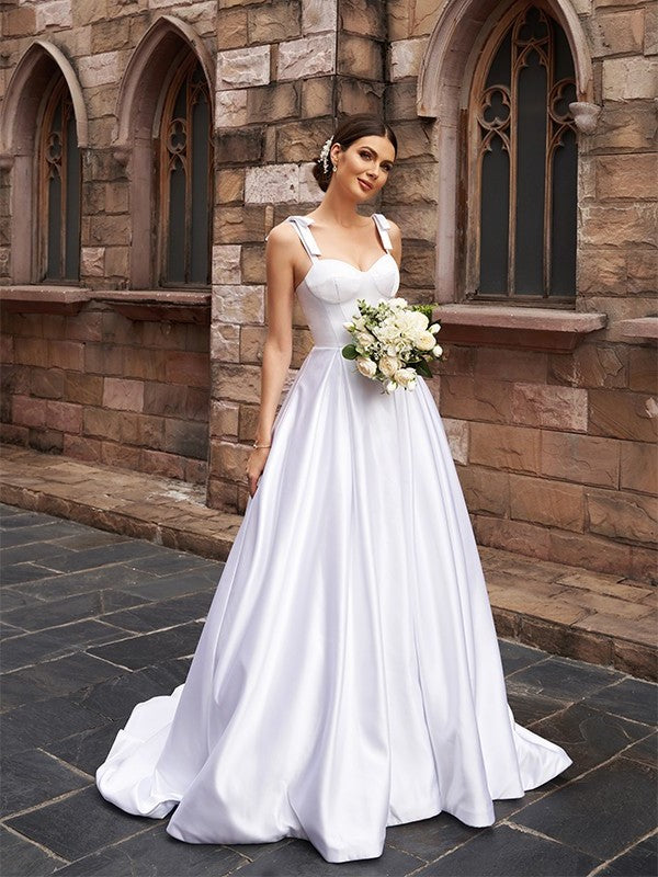 Satin A-Line/Princess Straps Sleeveless Sweep/Brush Ruffles Train Wedding Dresses