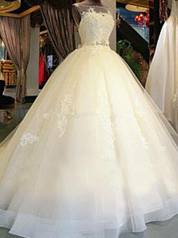 Train Ball Applique Scoop Gown Cathedral Sash/Ribbon/Belt Sleeveless Tulle Wedding Dresses