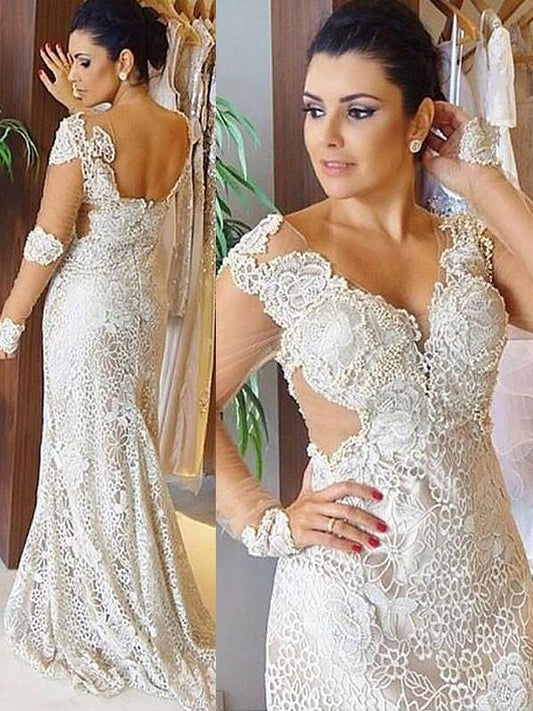 Sheath/Column Sweep/Brush Sleeves Lace Long V-neck Train Wedding Dresses