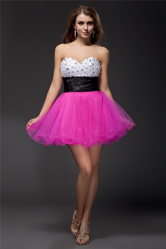 A-Line/Princess Sweetheart Beading Sash Sleeveless Short Organza Elastic Woven Satin Cocktail Homecoming Dresses Leslie Dresses