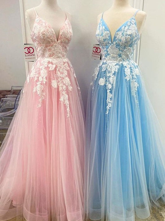 Applique Floor-Length A-Line/Princess V-neck Sleeveless Tulle Dresses