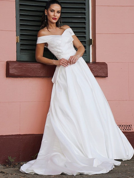 A-Line/Princess Satin Sleeveless Off-the-Shoulder Court Ruched Train Wedding Dresses