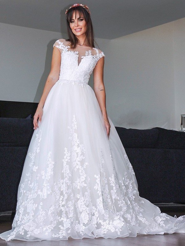 Tulle Applique Court Sleeveless A-Line/Princess V-neck Train Wedding Dresses