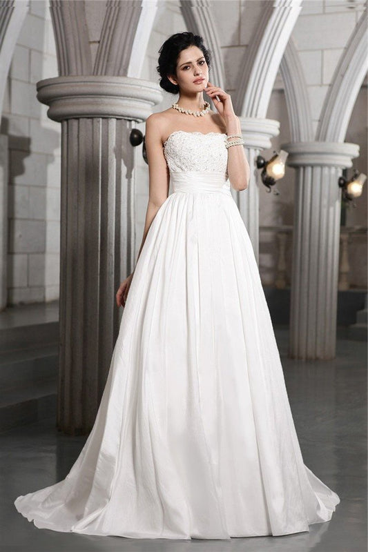 Sleeveless Applique Strapless Long Beading A-Line/Princess Taffeta Wedding Dresses