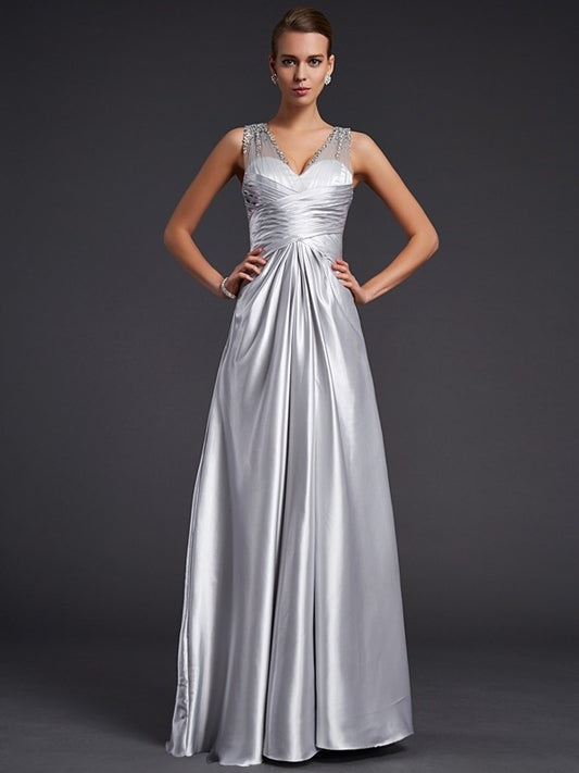 Beading Long V-neck Elastic Sleeveless A-Line/Princess Woven Satin Dresses