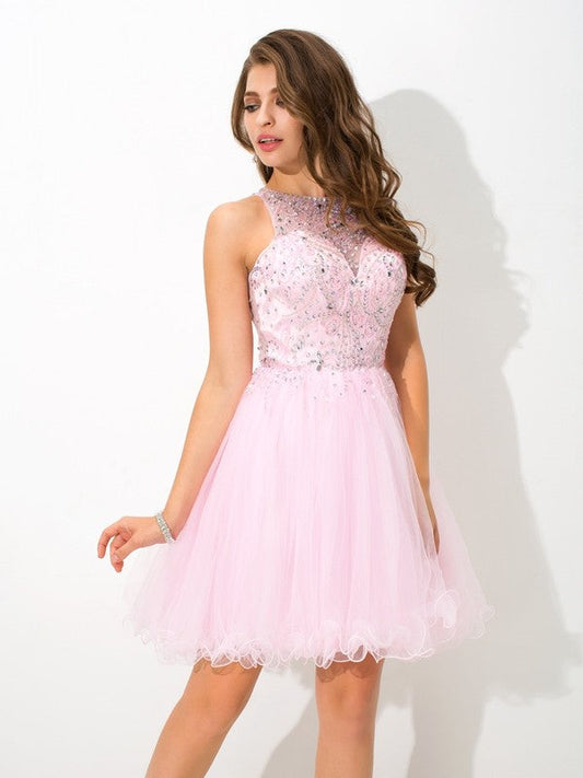 A-Line/Princess Jane Sheer Neck Beading Sleeveless Short Net Cocktail Homecoming Dresses Dresses