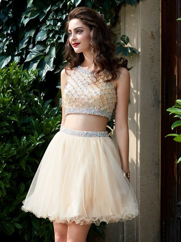 Sleeveless Beading A-Line/Princess Short/Mini Scoop Two Net Piece Homecoming Dresses