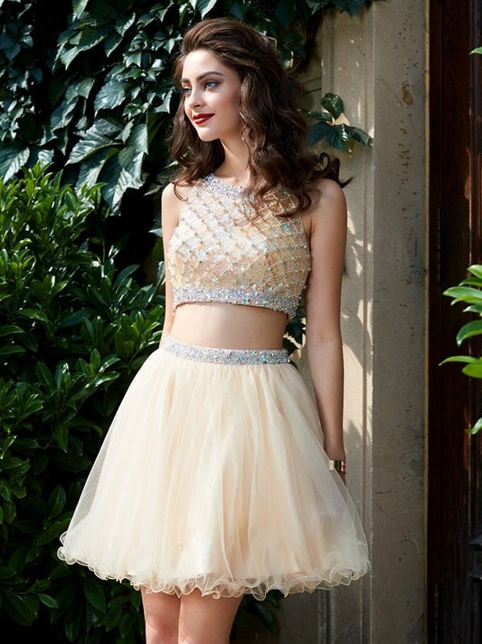 Sleeveless Beading A-Line/Princess Short/Mini Scoop Two Net Piece Homecoming Dresses