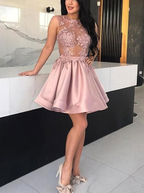 Neck Satin A-Line/Princess Applique Sheer Sleeveless Short/Mini Homecoming Dresses