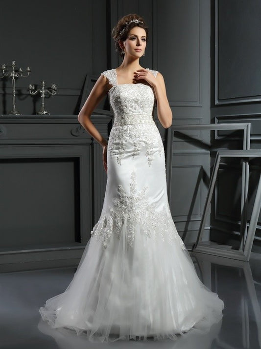 Applique Long Sleeveless Straps Trumpet/Mermaid Satin Wedding Dresses