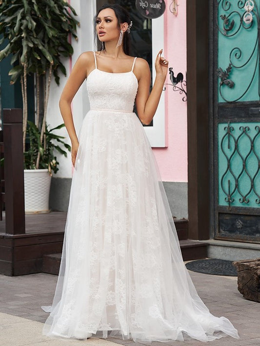 Ruffles Spaghetti Straps Sweep/Brush Sleeveless Lace A-Line/Princess Train Wedding Dresses