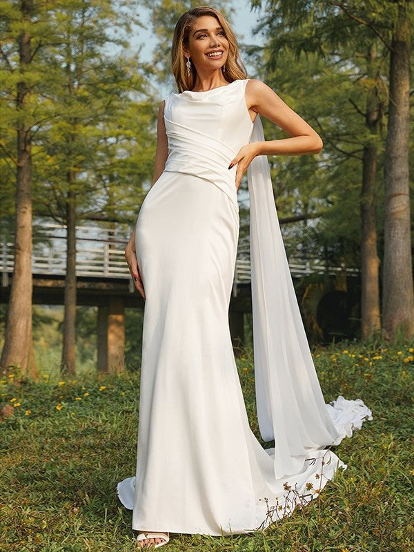 Scoop Satin Sleeveless Sheath/Column Ruched Sweep/Brush Train Wedding Dresses