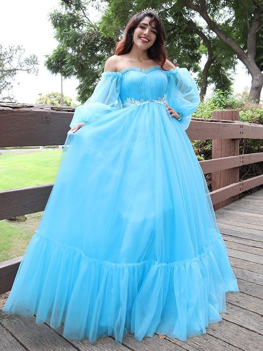 Applique Tulle A-Line/Princess Off-the-Shoulder Long Sleeves Floor-Length Dresses