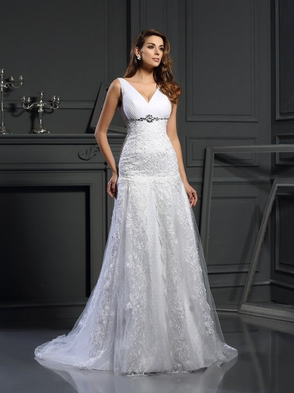 Sleeveless A-Line/Princess Beading Long V-neck Satin Wedding Dresses