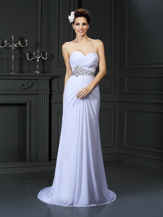 Sheath/Column Long Sweetheart Sleeveless Beading Chiffon Wedding Dresses