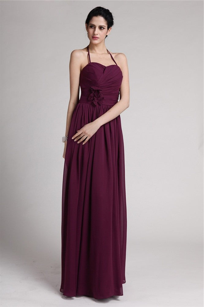 Long Hand-Made Flower Sleeveless Sheath/Column Halter Chiffon Bridesmaid Dresses