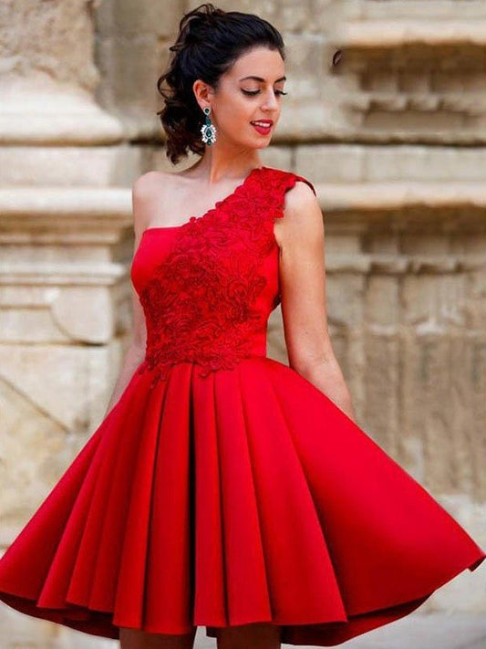 One-Shoulder Sleeveless Applique Satin A-Line/Princess Short/Mini Homecoming Dress