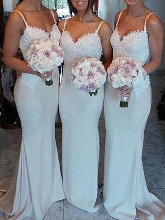 Sleeveless Sheath/Column Lace Spandex Sweetheart Sweep/Brush Train Bridesmaid Dresses