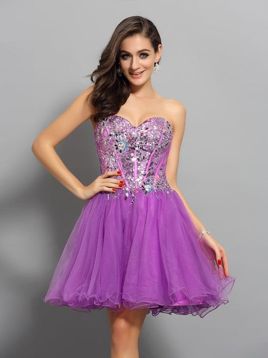 A-Line/Princess Julianna Sweetheart Beading Sleeveless Short Satin Homecoming Dresses Cocktail Dresses