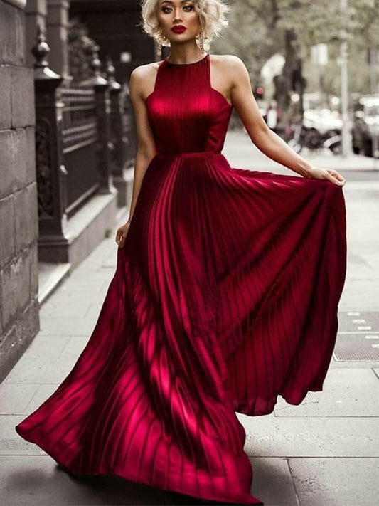 A-Line/Princess Halter Sleeveless Ruched Silk Floor-Length like Satin Dresses