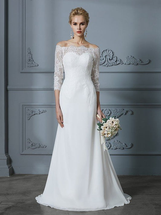 Sleeves Trumpet/Mermaid Train 1/2 Sweep/Brush Off-the-Shoulder Chiffon Wedding Dresses