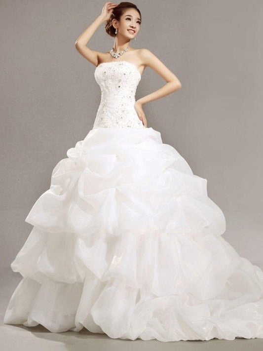 Lace Beading Train Ball Strapless Gown Cathedral Pleats Sleeveless Organza Wedding Dresses