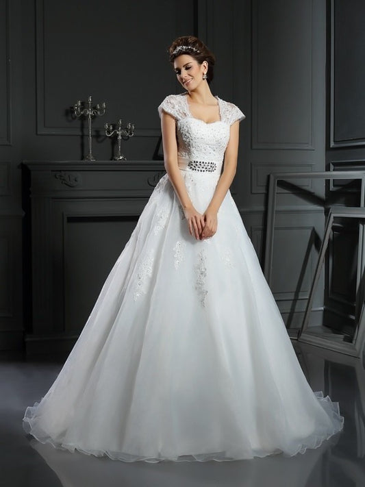 Gown Long Square Sleeveless Beading Ball Organza Wedding Dresses