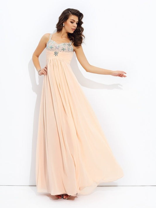 A-line/Princess Beading Sleeveless Spaghetti Straps Long Chiffon Dresses