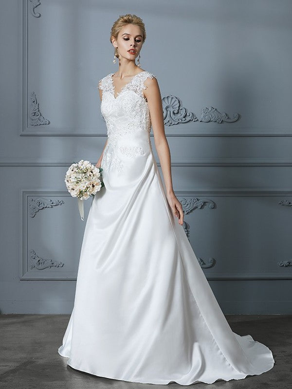 A-Line/Princess V-neck Sleeveless Sweep/Brush Applique Train Satin Wedding Dresses