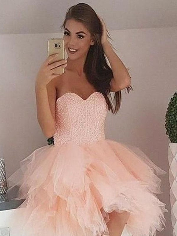 A-Line/Princess Sleeveless Beading Sweetheart Tulle Short/Mini Homecoming Dresses