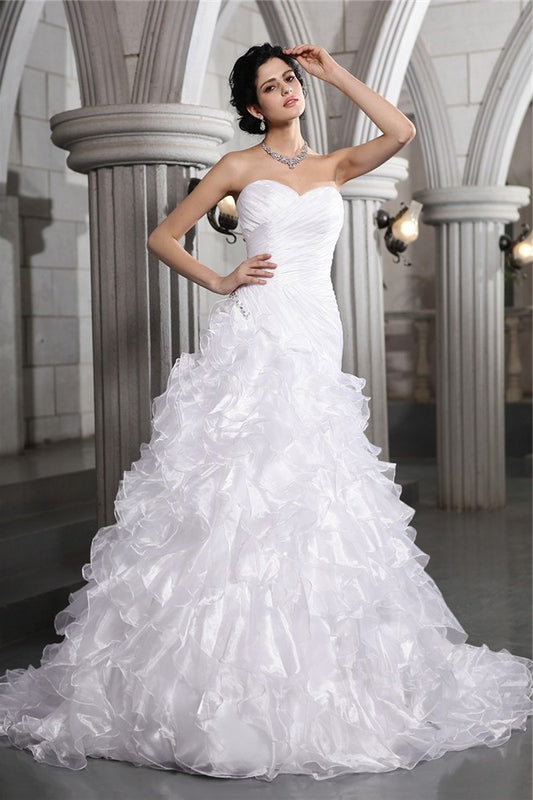 A-Line/Princess Sleeveless Beading Pleats Sweetheart Long Organza Wedding Dresses