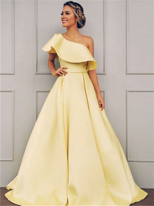 One-Shoulder Floor-Length A-Line/Princess Sleeveless Ruffles Satin Dresses