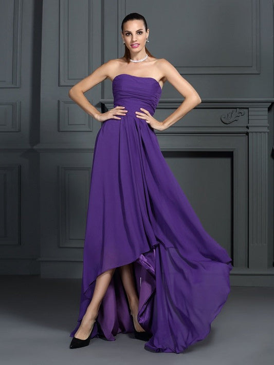 A-Line/Princess Strapless Cocktail Chiffon Homecoming Dresses Jasmine Pleats Sleeveless High Low Dresses