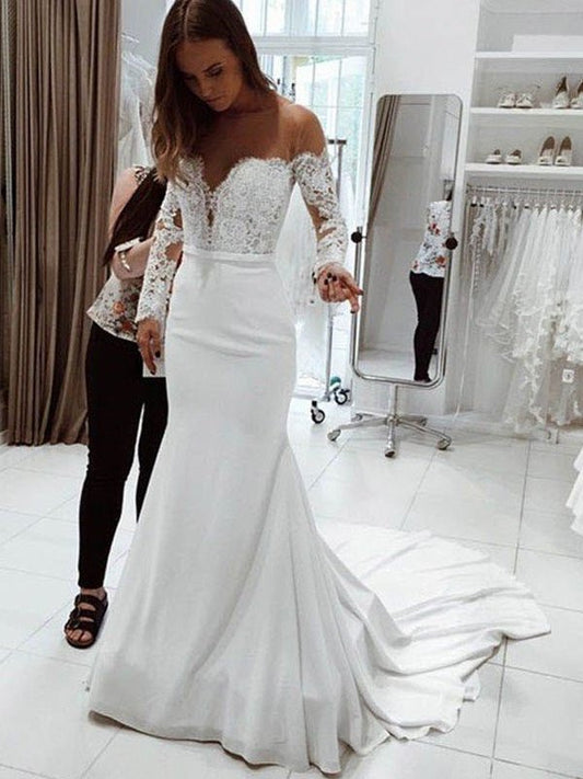 Train Lace Off-the-Shoulder Court Sleeves Long Trumpet/Mermaid Chiffon Wedding Dresses