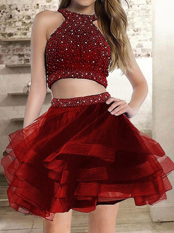 Organza Halter Short Cut A-Line With Beading Blue Homecoming Dresses