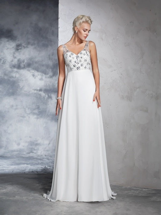 Beading A-Line/Princess Sleeveless Long V-neck Chiffon Wedding Dresses