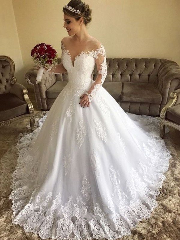 Long Off-the-Shoulder Lace Train Ball Sweep/Brush Gown Sleeves Tulle Wedding Dresses