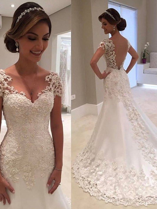 Trumpet/Mermaid Train Short Sleeves Sweetheart Sweep/Brush Lace Wedding Dresses