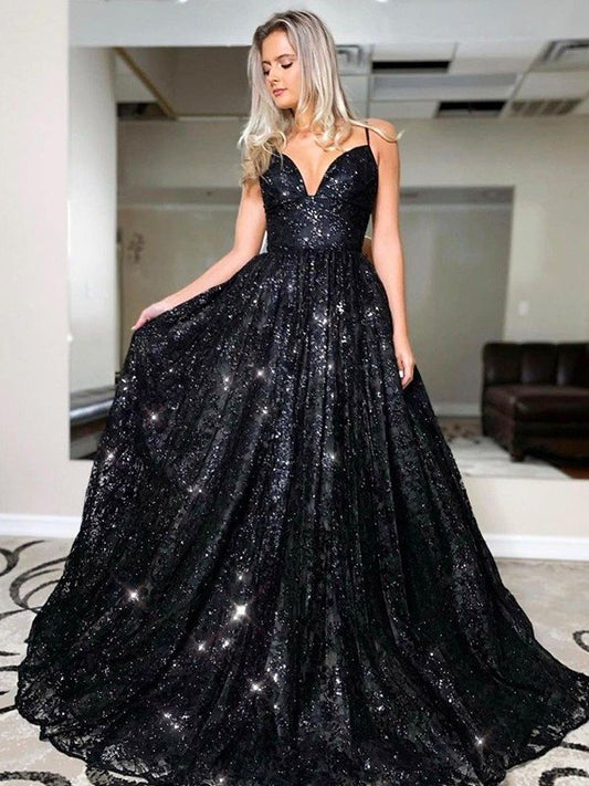 A-Line/Princess Sequin Sweep/Brush Train V-neck Sleeveless Sequins Dresses