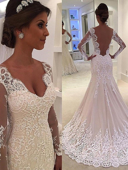 Court Sleeves Long Train Trumpet/Mermaid V-neck Lace Wedding Dresses