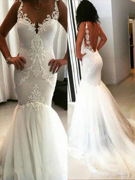 Chapel Sleeveless Train Applique Trumpet/Mermaid Spaghetti Straps Tulle Wedding Dresses