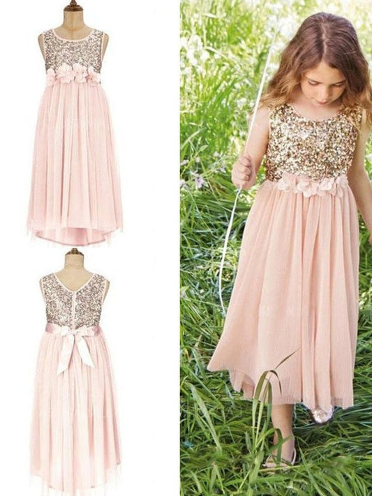 Sleeveless Sequin Chiffon Scoop Asymmetrical A-Line/Princess Flower Girl Dresses