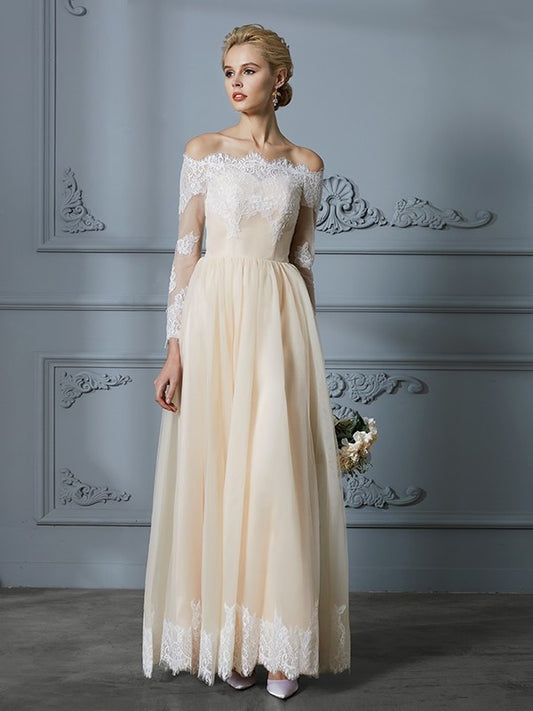 Floor-Length Lace Long Sleeves A-Line/Princess Off-the-Shoulder Tulle Wedding Dresses