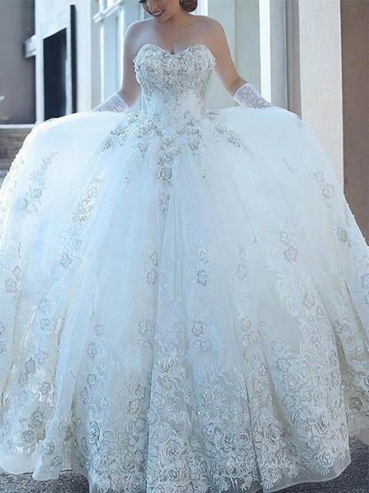 Gown Cathedral Sweetheart Ball Applique Sleeveless Tulle Train Wedding Dresses