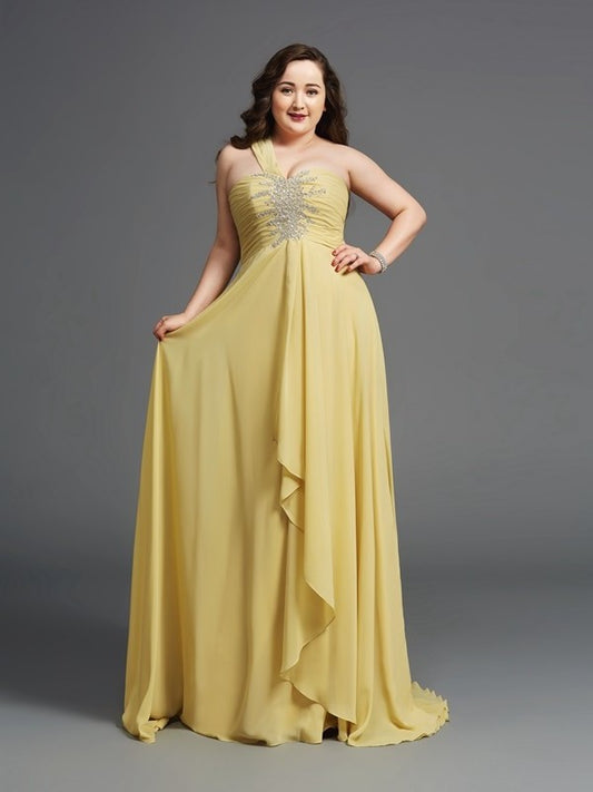 One-Shoulder Chiffon A-Line/Princess Sleeveless Long Rhinestone Plus Size Dresses