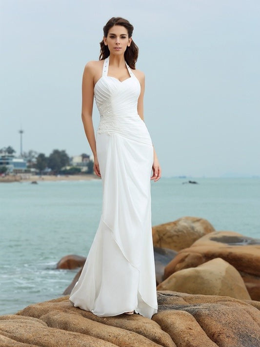 Halter Pleats Sheath/Column Sleeveless Chiffon Long Beach Wedding Dresses